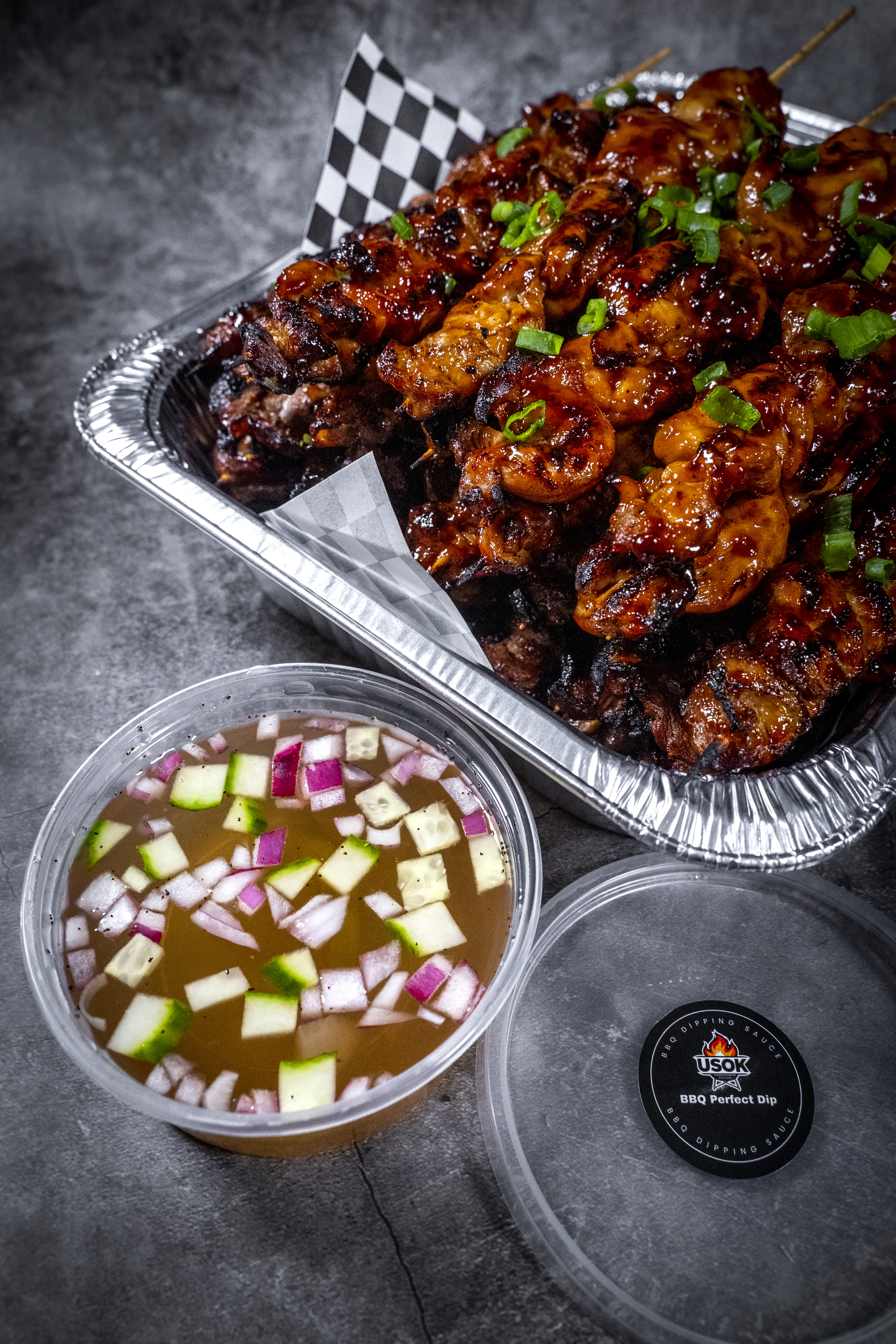 USOK BBQ skewers tray with signature dipping sauce