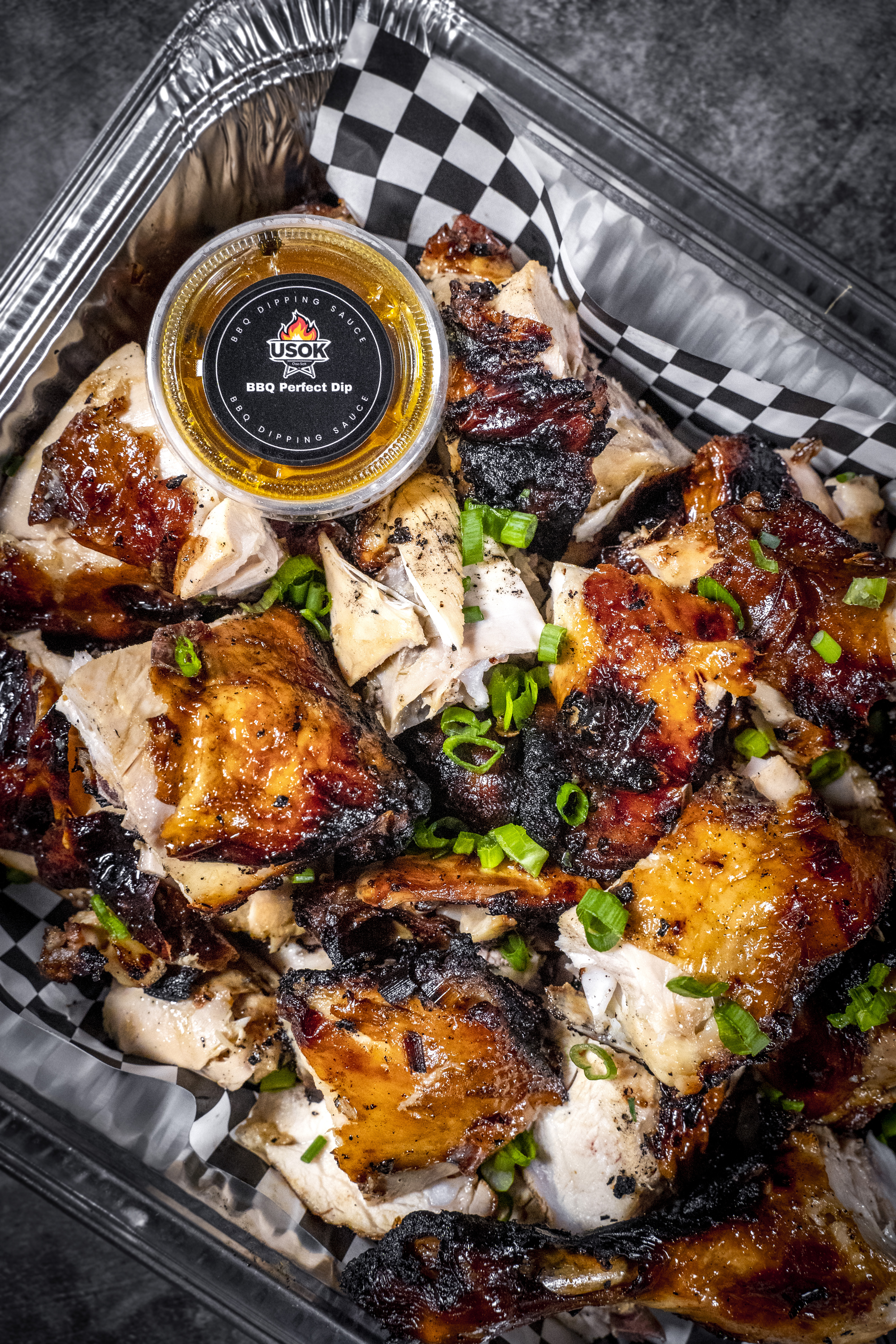 USOK BBQ chicken tray with signature BBQ Perfect Dip sauce